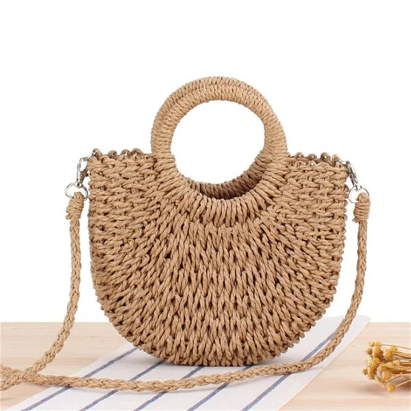 Yogodlns Handmade Half-Round Rattan Straw Bag – Summer Women’s Small Beach Messenger Crossbody Handbag