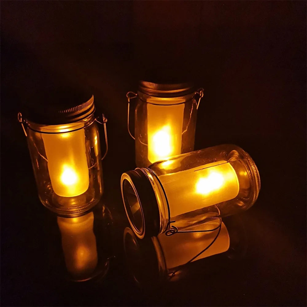 Solar LED Mason Jar Lights – Warm Torch Flame Lantern for Outdoor & Indoor Christmas, Garden, and Street Decoration