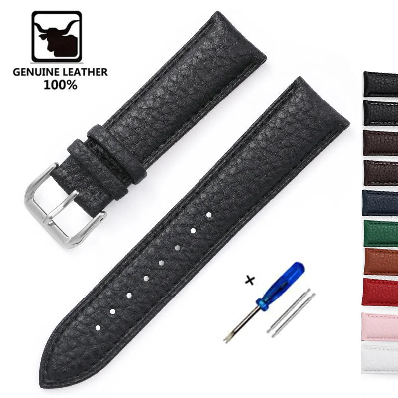 Genuine Calfskin Leather Watch Strap – Men's & Women's Band Accessories, 12mm-22mm, Green, Blue, Red