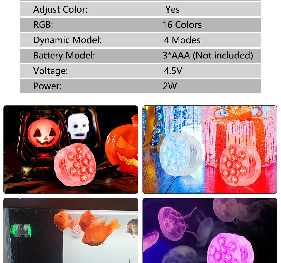 10 LED RGB Underwater Pool Light – Remote Control, Battery Operated, Waterproof Dive Lamp for Aquarium, Vase, and Fish Tank