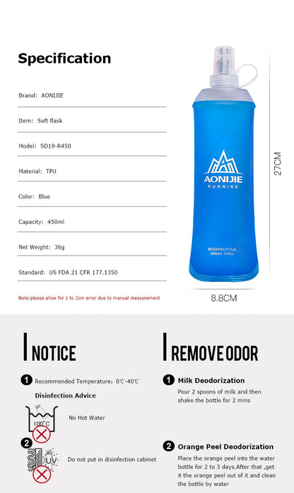 AONIJIE Soft Flask Water Bottle — 250ml/500ml Folding, Collapsible, TPU BPA-Free for Running Hydration Packs, Waist Bags & Vests (SD09/SD10)