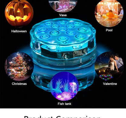 10 LED RGB Underwater Pool Light – Remote Control, Battery Operated, Waterproof Dive Lamp for Aquarium, Vase, and Fish Tank