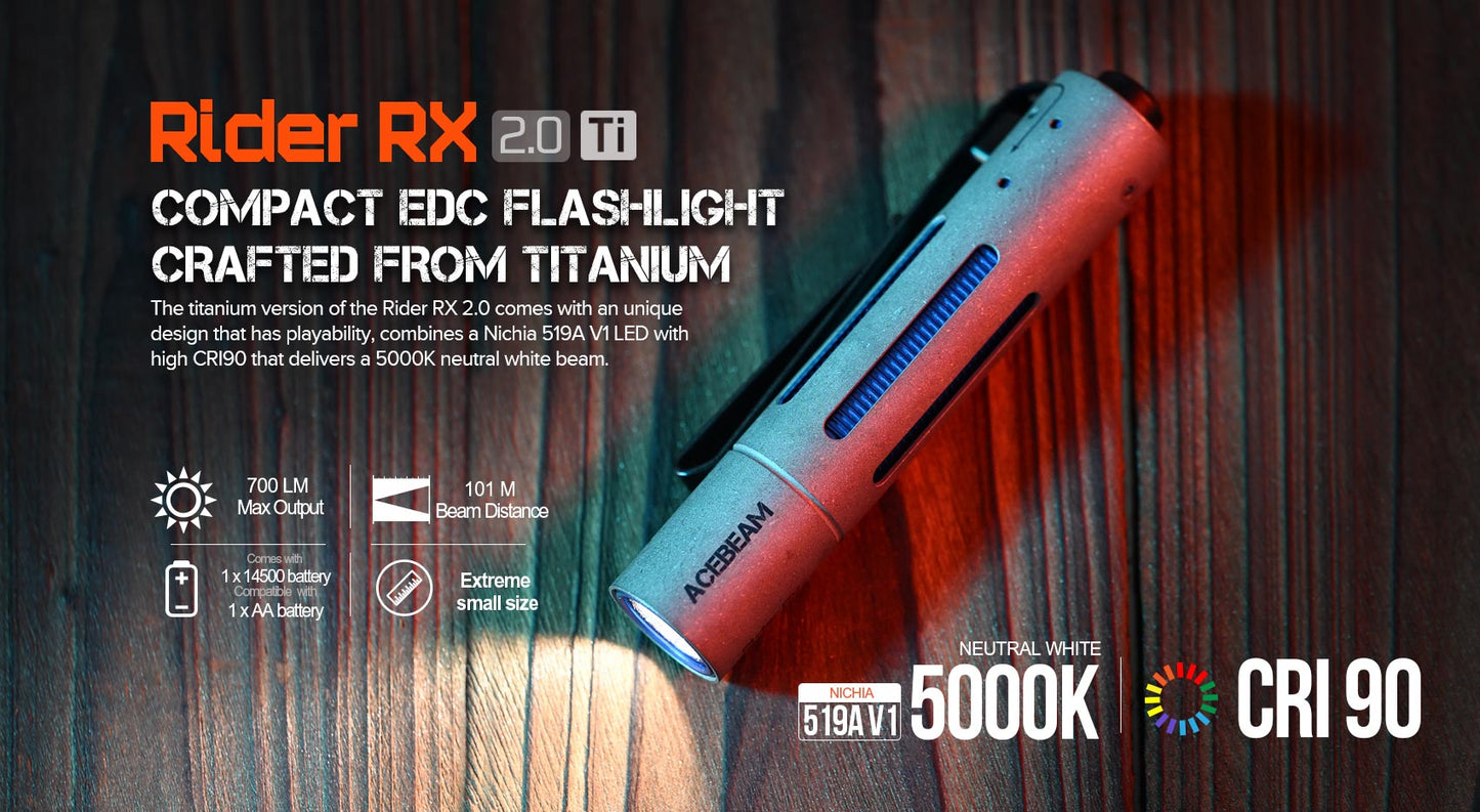 ACEBEAM Rider RX 2.0 Titanium LED Flashlight — 700 Lumens EDC AA Flashlight with Bolt-Action Design, IP68 Waterproof