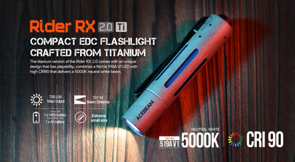 ACEBEAM Rider RX 2.0 Titanium LED Flashlight — 700 Lumens EDC AA Flashlight with Bolt-Action Design, IP68 Waterproof