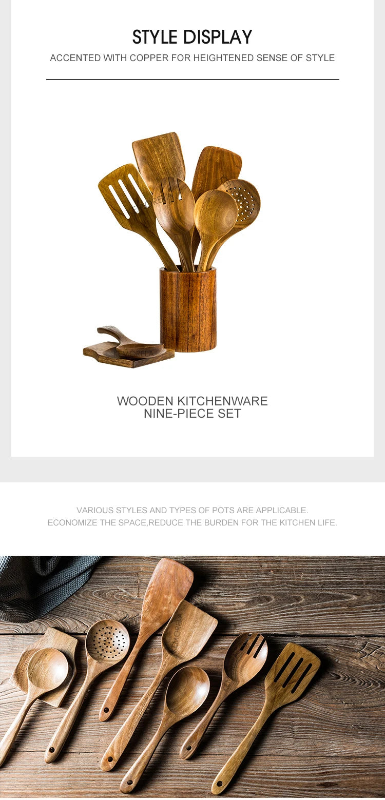 9PCS Teak Wooden Cooking Spoons Set – Kitchen Utensils with Holder