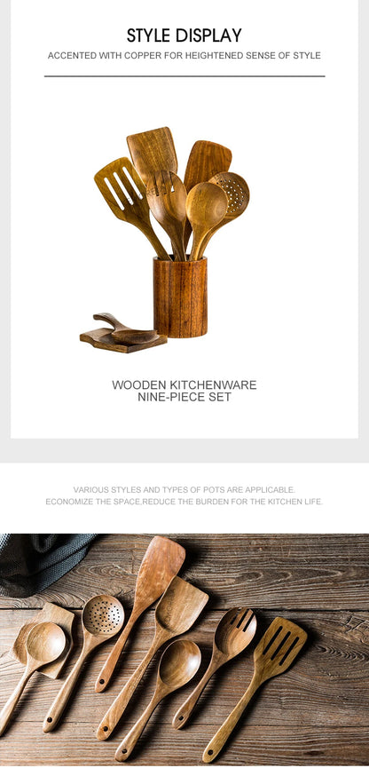 9PCS Teak Wooden Cooking Spoons Set – Kitchen Utensils with Holder