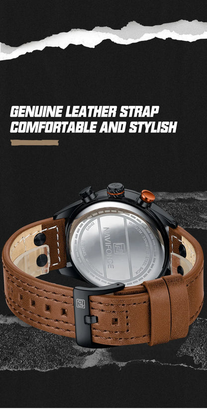 NAVIFORCE Men's Casual Watch – Luxury Waterproof Chronograph Quartz Wristwatch with Genuine Leather Strap