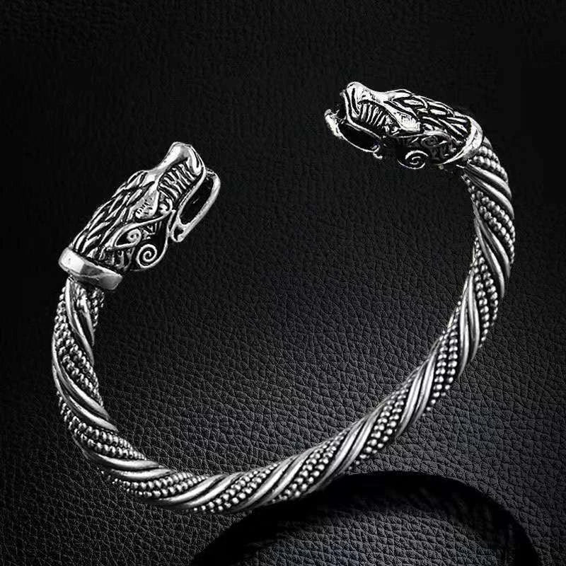 Vintage Viking Double-Headed Wolf Bracelet – Adjustable Twist Design Men's Fashion Punk Jewelry Accessory