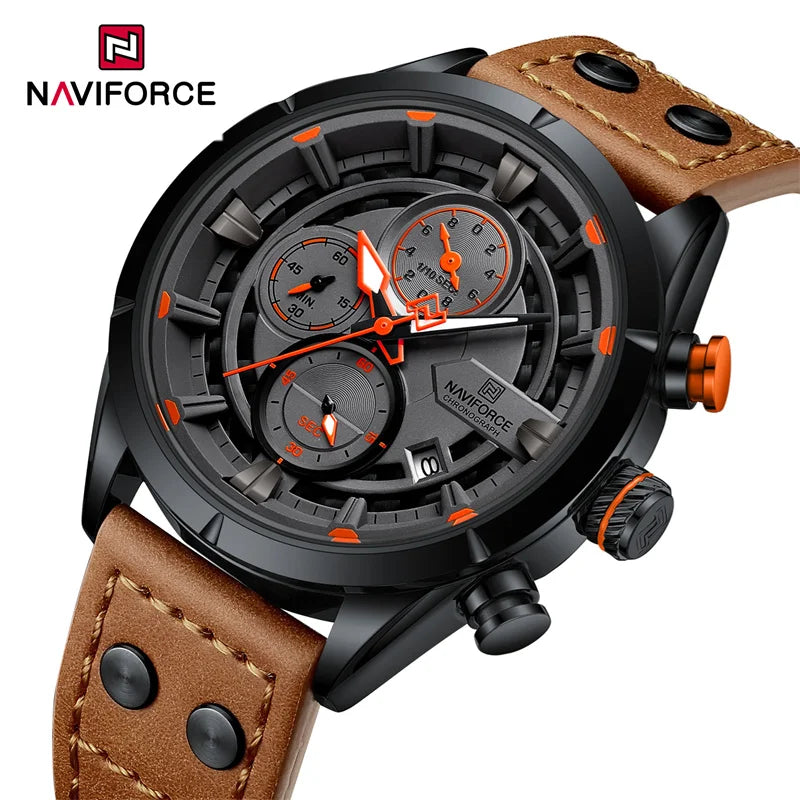 NAVIFORCE Men's Casual Watch – Luxury Waterproof Chronograph Quartz Wristwatch with Genuine Leather Strap