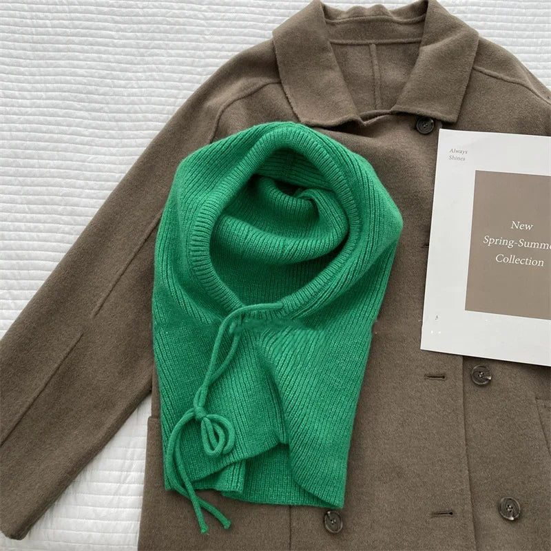 Winter Knitted Hooded Balaclava Hats for Women – Korean Style Outdoor Warmer Beanie with Drawstring Neck Collar