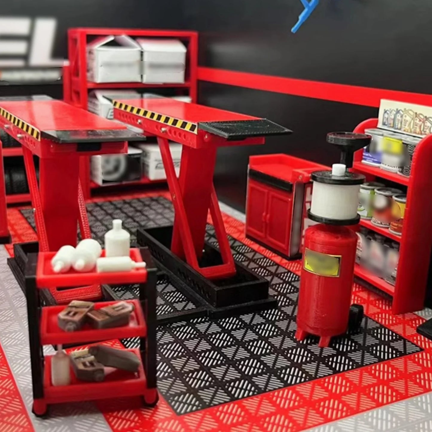 1:18 Car Model Repair Shop Diorama – 9-Piece Modification Parts Set for Collectors & Hobbyists with DIY Tools