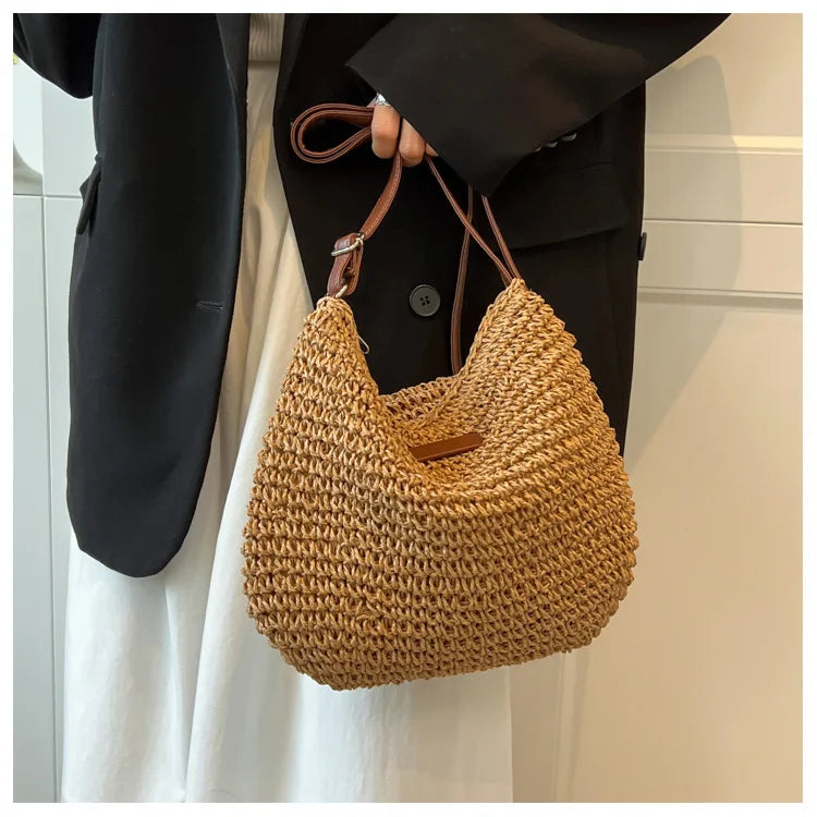 Straw Knitted Handbag – Women’s Woven Shoulder & Crossbody Beach Bag