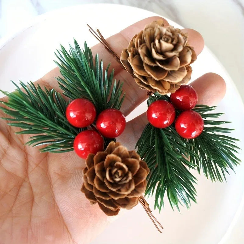 10pcs Artificial Pine Cones & Red Berries – Christmas Tree Toppers & Holiday Decor Set