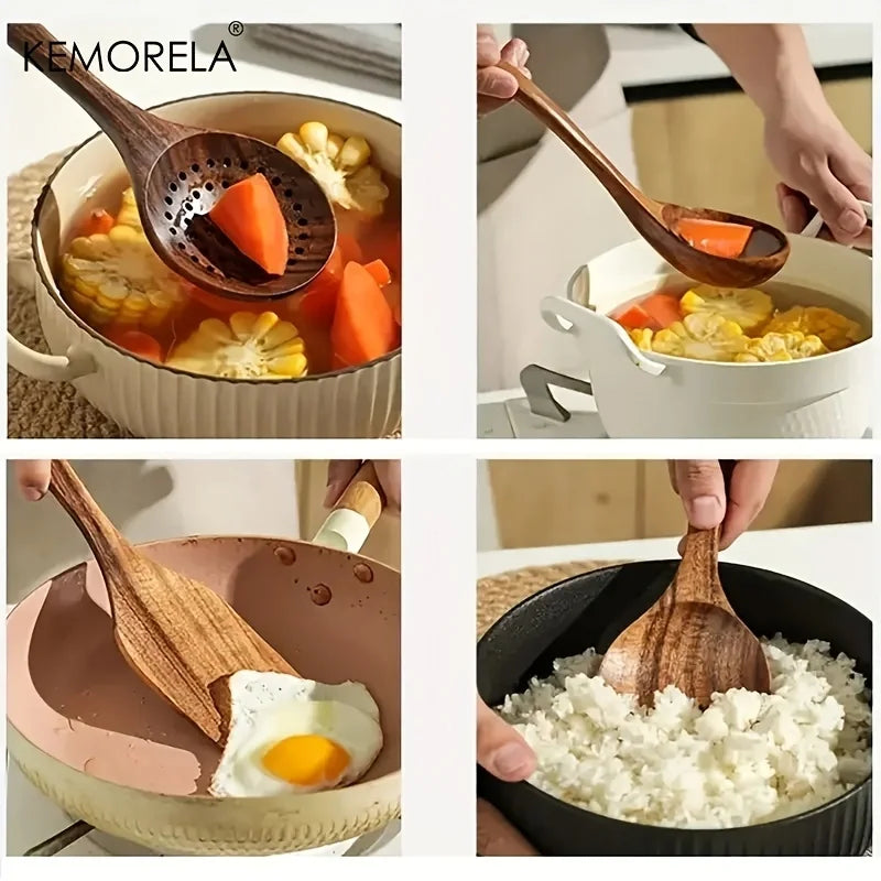 5PCS Thailand Teak Wooden Cooking Spoon Set – Natural Kitchen Ladle, Turner, Rice Colander & Soup Skimmer Utensils