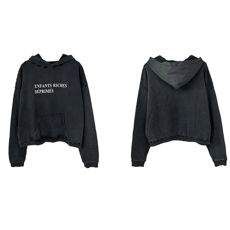 2025SS Ripped E.R.D. Hoodie – Men & Women Slogan Print Short Wide Sweatshirt