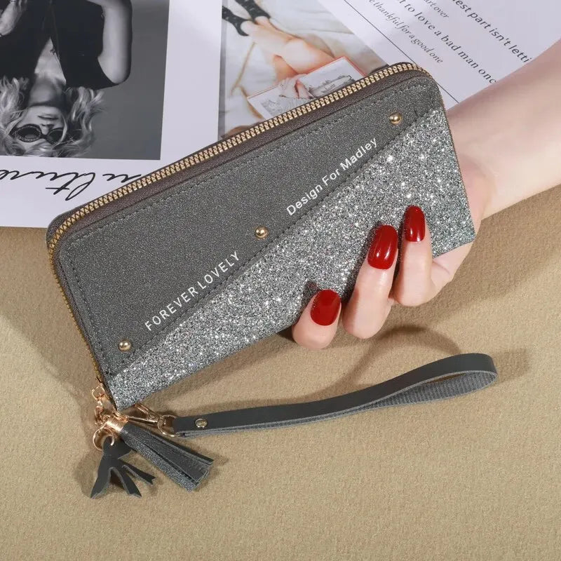 KISMIS New Long Women's Zipper Wallet - Korean Style with Color Contrast, Tassel and Rivet Details