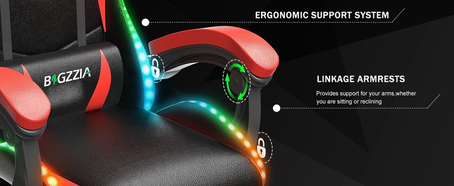 RGB Gaming Chair with LED Lights – Ergonomic PU Leather High Back Reclining Office Chair with Headrest