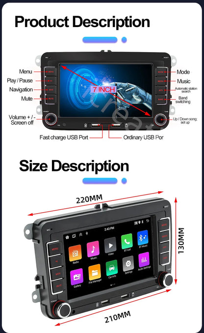 2DIN Android Car Radio for Volkswagen Golf 5/6, Polo, Passat B6/B7, CC, Skoda, Jetta - Multimedia, CarPlay, Wifi & GPS Navigation