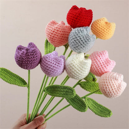 Hand-Knitted Rose, Tulip & Sunflower Bouquet – Crochet Simulation Floral Arrangement for Home Table Decor