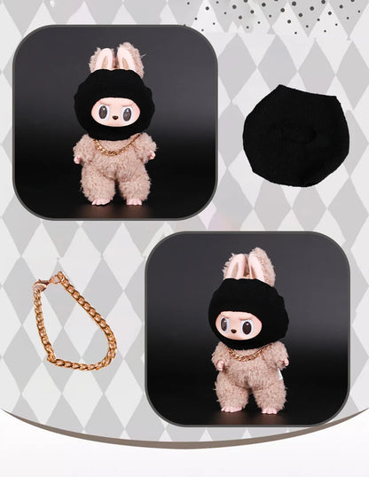 Labubu Doll Accessories – Trendy Black Knit Hat & Necklace Set, Cute and Funny Street Fashion Style