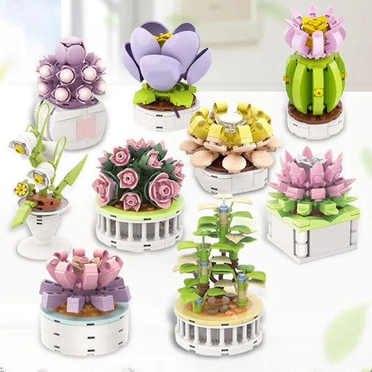 Bouquet Moc Block Flower Succulents Bonsai Potted Building Blocks - Romantic Assembly Kit Bricks Toys for Kids - Christmas Gift for Girls