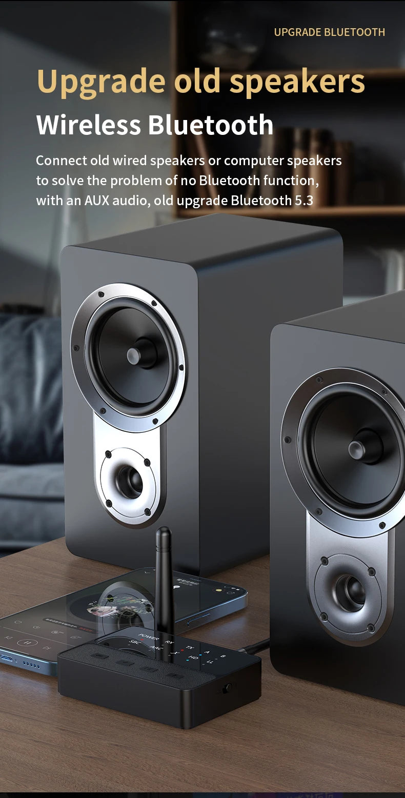 VAORLO Qualcomm Bluetooth 5.3 Receiver & Transmitter | aptX HD/LL Low Latency, 3.5mm AUX, RCA Wireless Audio Adapter for PC & TV