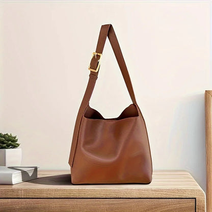 Women’s Retro Faux Leather Tote Bag – Minimalist Shoulder Bucket Handbag with PU Lining