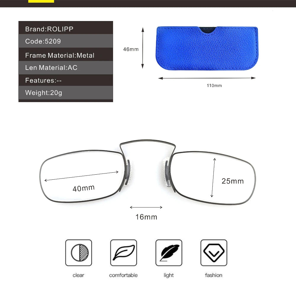 Portable Rectangle Reading Glasses for Men — Clip-On Nose Bridge Metal Frame with Case, Prescription +1 to +3