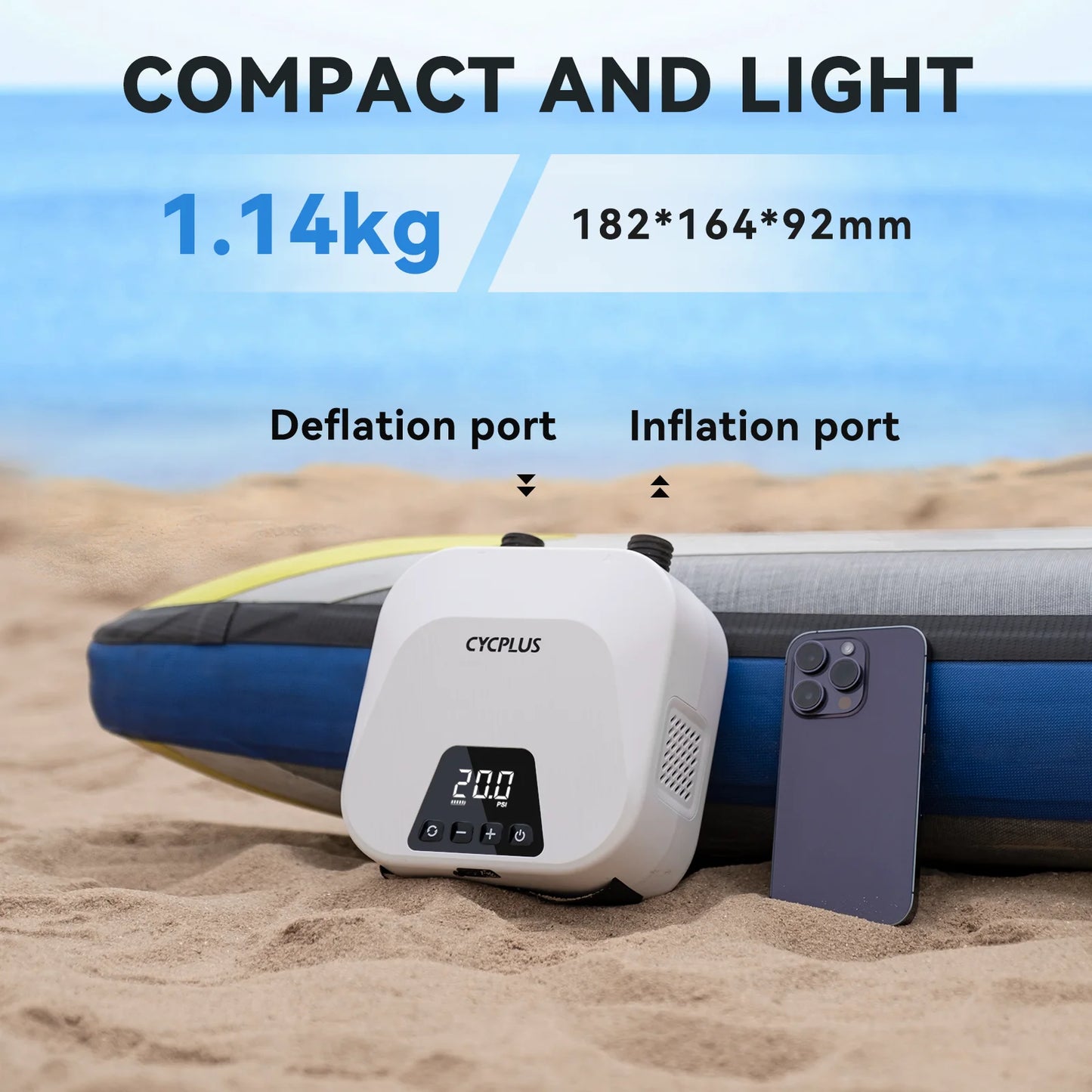 SUP Inflatable Pump — Rechargeable 20PSI Pump for PVC Kayaks, Kite Wings & Stand Up Paddle Boards