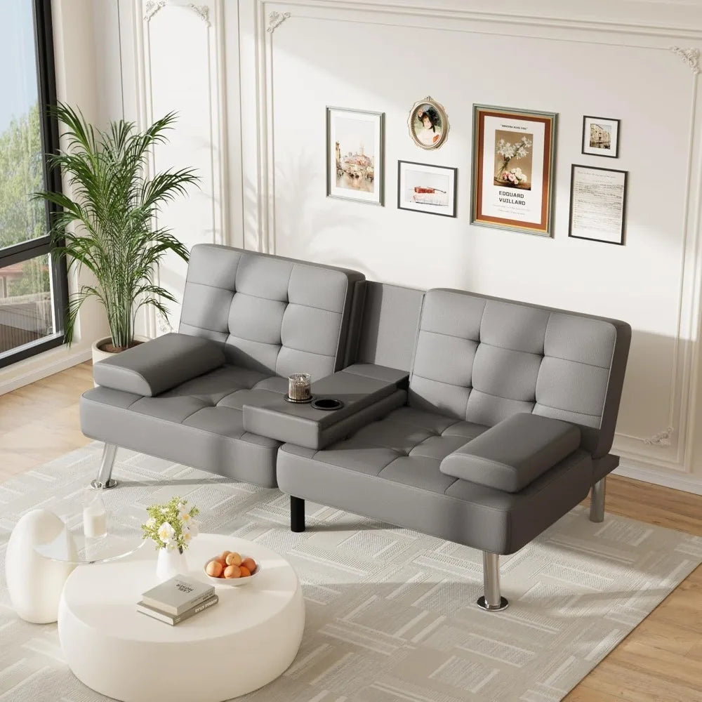 Adjustable PU Leather Futon Sofa Bed with Built-in Cup Holders – Modern Convertible Sleeper Couch
