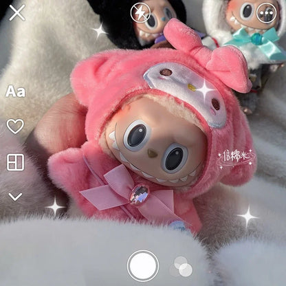 Labubu HelloKitty Clothes Suit – Sitting Party Cape Dress & Monster Vinyl Doll Outfit with Hat and Accessories