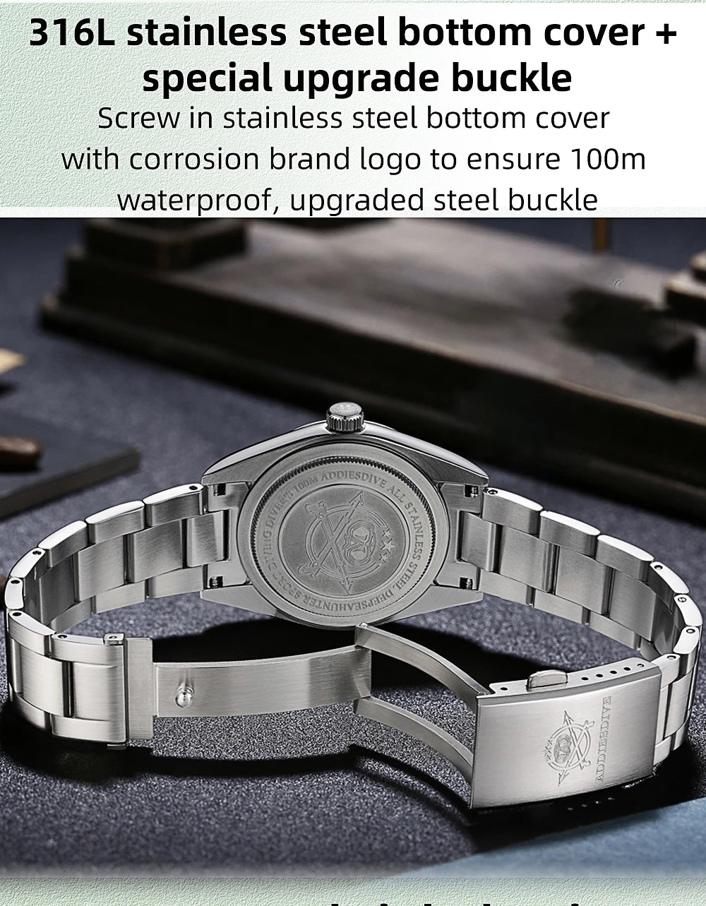 ADDIESDIVE Men's Luxury Quartz Watch – VH31, 100m Waterproof, Green AR Coating, Luminous, 316L Stainless Steel, 36mm