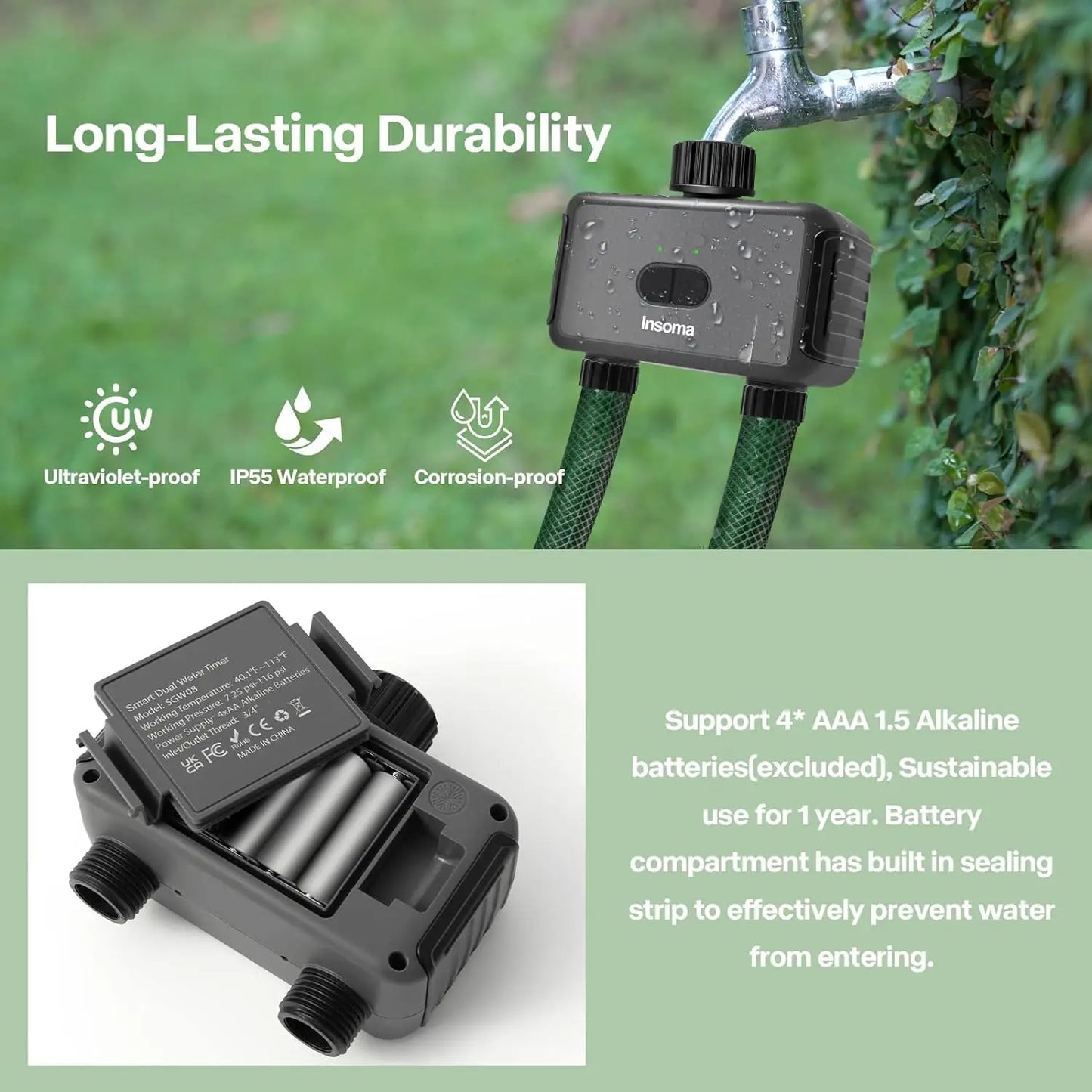 Zigbee/WiFi Automatic Water Timer – Dual Hose Garden Irrigation System, Sprinkler Programmer, Alexa Support