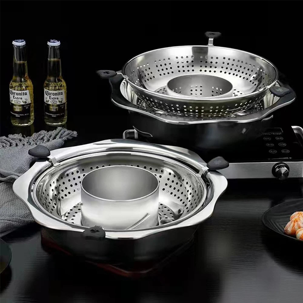 Stainless Steel Rotating Lift Hot Pot - Dual-Sided Mandarin Duck Shabu Shabu & BBQ Steam Pot, Chinese Kitchen Hotpot with Barbecue Feature