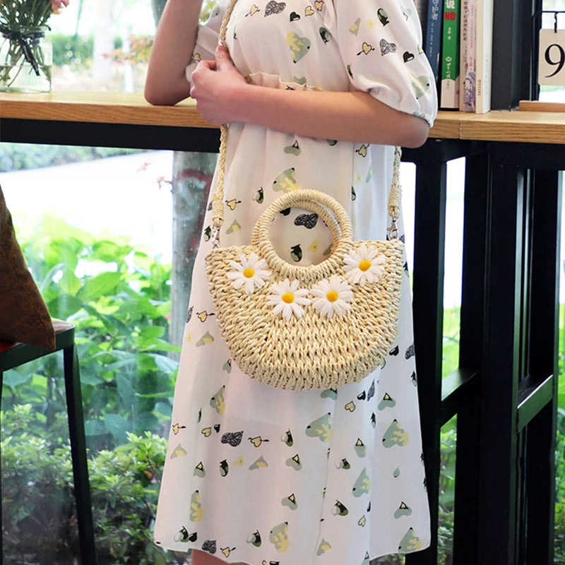 Hand-Woven Straw Beach Bag – Women’s Handmade Moon Basket Crossbody Bohemian Summer Tote