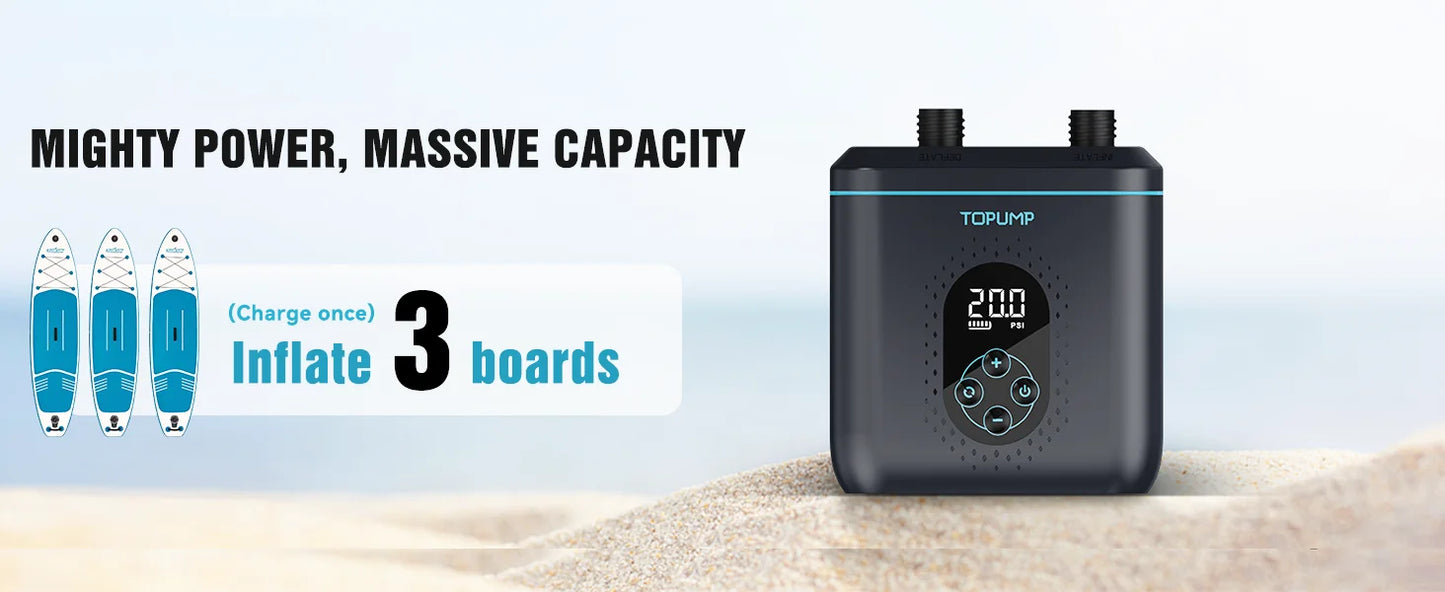 SUP Inflatable Pump — Rechargeable 20PSI Pump for PVC Kayaks, Kite Wings & Stand Up Paddle Boards