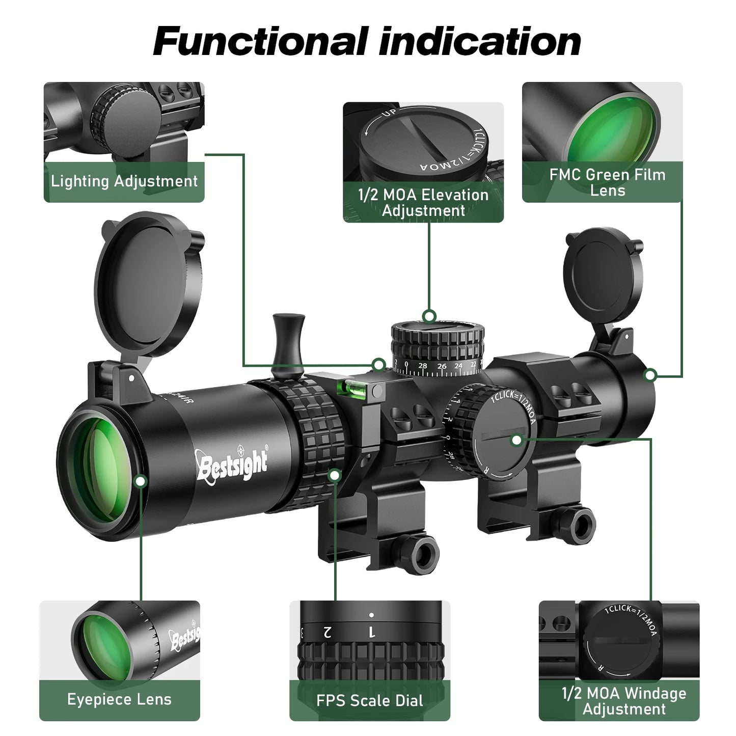 1-5X24 Tactical Rifle Scope – Red & Green Illuminated Reticle for AR15 Hunting