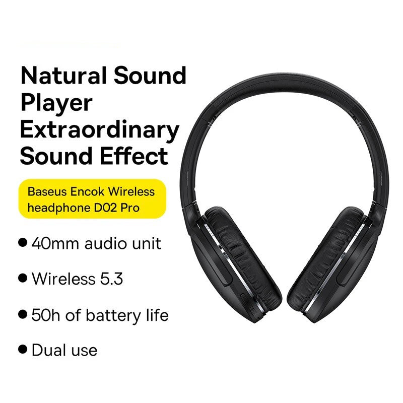Baseus D02 Pro Wireless Headphones - Bluetooth 5.3, Foldable Sport Headset, Over-Ear Gaming Bluetooth Earbuds
