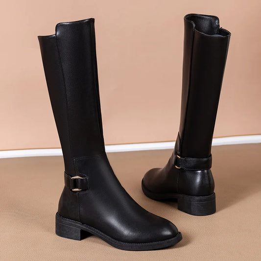 Women’s Black PU Leather Knee-High Boots – Metal Buckle, Fashion Outdoor Long Shoes, Size 34-41