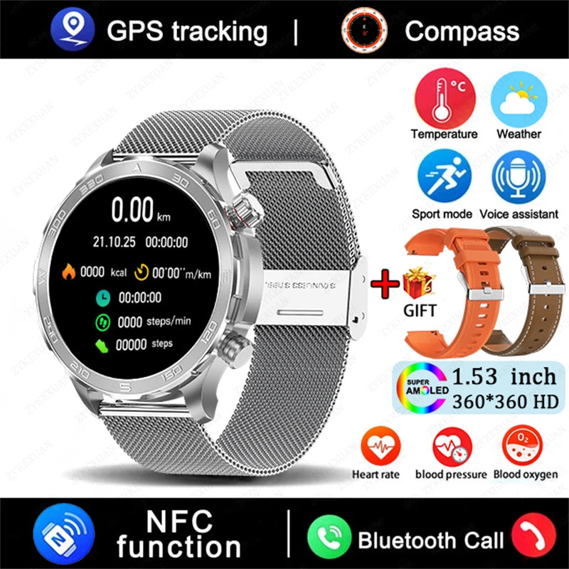 2025 New Bluetooth Call Smartwatch for Men – Huawei Compatible, AMOLED HD Large Screen, Heart Rate, NFC, IP68 Waterproof, GPS Sports Watch