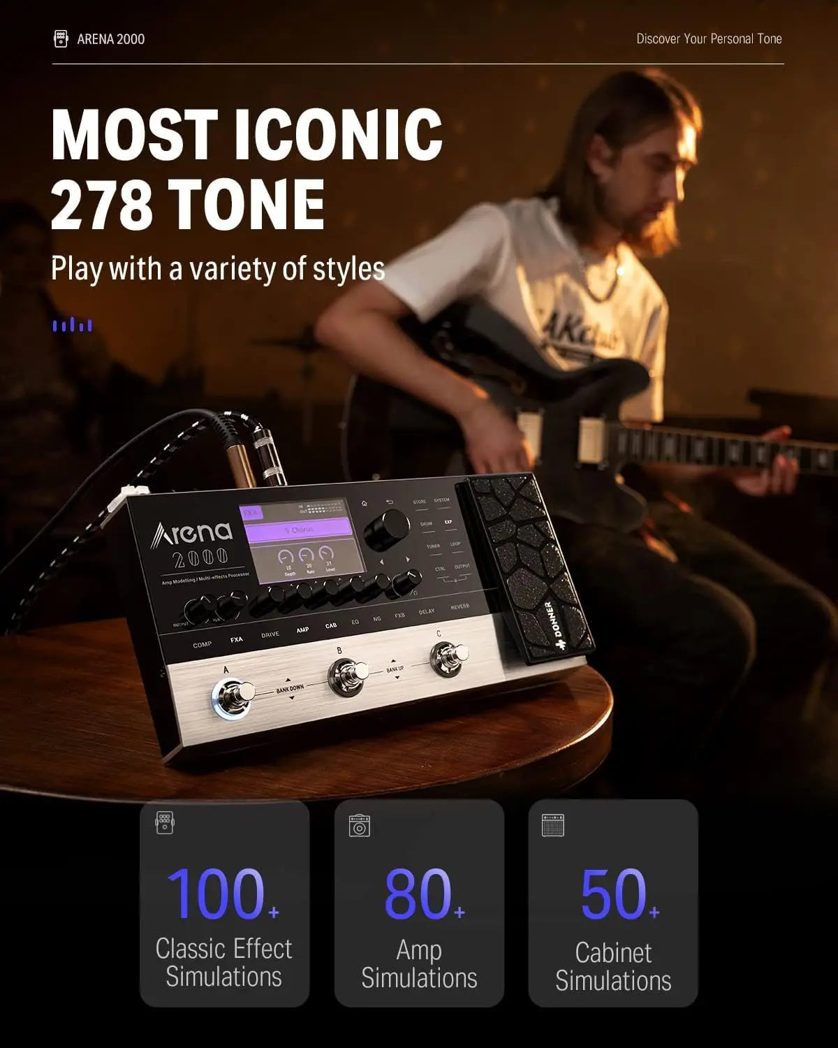Donner Arena 2000 Multi-Effect Pedal – 278 Effects, IR AMP, Drum Looper, MIDI In, Software App for Electric Guitar
