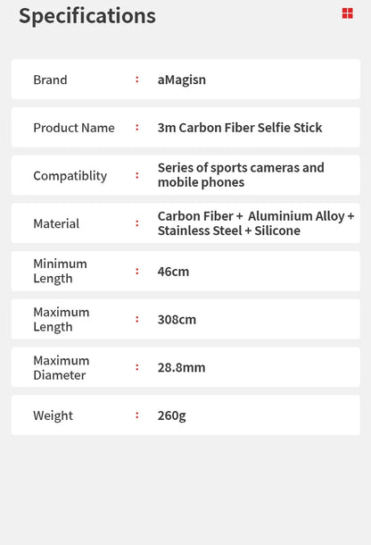 aMagisn 3M Invisible Selfie Stick - 1.2M Carbon Fiber Telescopic Monopod for DJI, GoPro, Insta360 X3/X4 Accessories