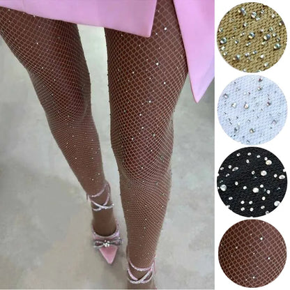 2024 Summer Fishnet Diamond Pantyhose for Women - Sexy Fashion Shiny Net Tights, Slim Rhinestone Mesh Nylon Stockings