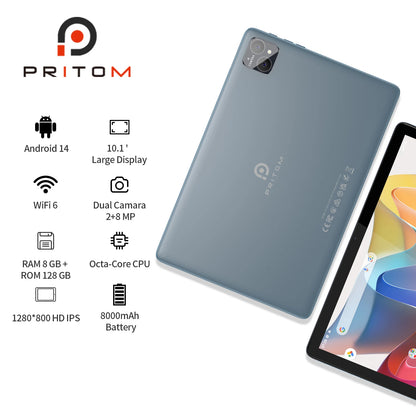 PRITOM TAB11 Android 14 Tablet – 10 Inch, 8GB RAM, 128GB ROM, Octa-Core, 5G WiFi, Keyboard & Case