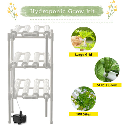 Hydroponics Growing System Kit — 3-Layer 108-Site PVC Pipe Hydroponic Garden for Vegetables & Herbs