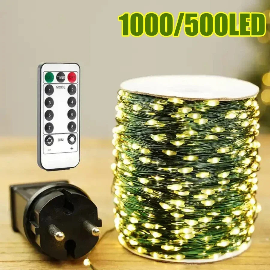 1000 LED Green Wire Fairy String Lights | Waterproof Christmas Tree & Holiday Decor, US/EU Plug 110V/220V