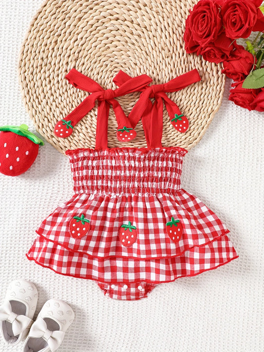 Baby Girl Strawberry Gingham Smocked Romper Dress – Tie-Strap Summer One-Piece with Stretchy Bodice & Layered Skirt