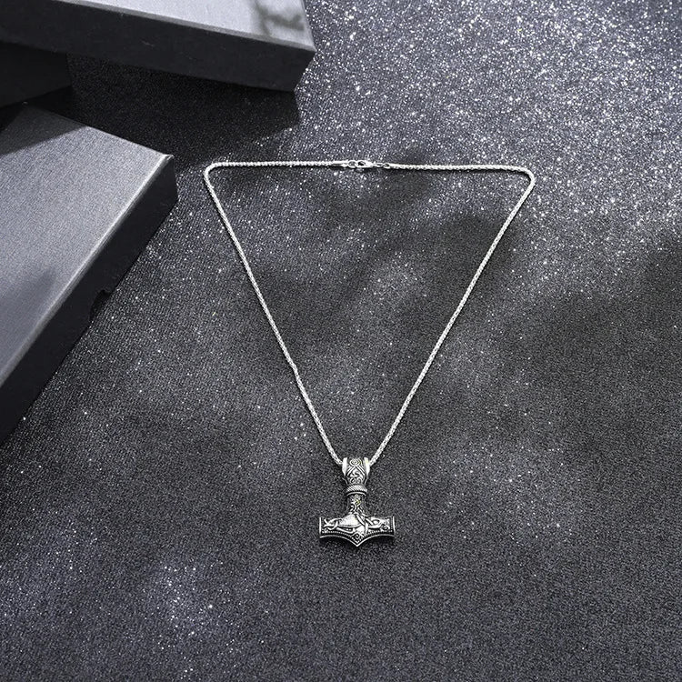 Thor Hammer Viking Necklace – Mjolnir Norse Amulet Pendant for Men, Punk Scandinavian Jewelry with Metal Chain