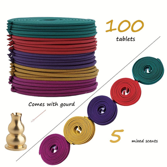 100-Piece Mixed Aromatherapy Spiral Incense Coils – Lemongrass, Rose, Jasmine, Lavender & Orange (3-4 Hour Burn)