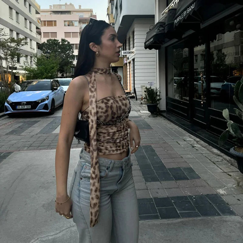 Women’s Tulle Leopard Print Off-Shoulder Top – Summer Casual Bandeau Blouse with Straight-Cut Neckline